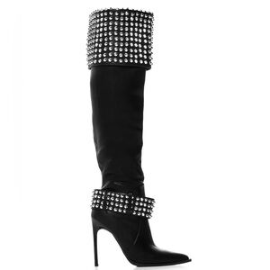 AZALEA WANG Black Vegan Leather & Silver Studded Over the Knee Boots